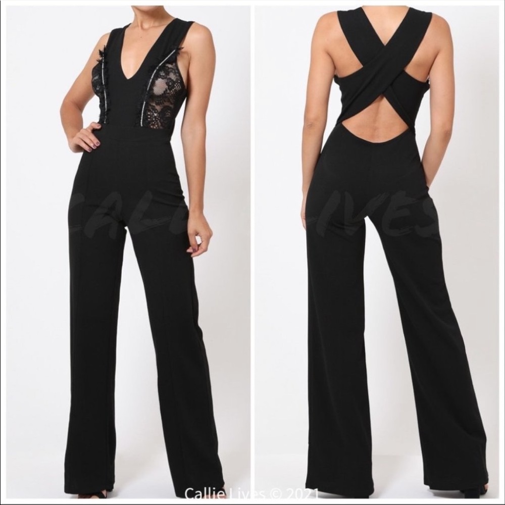 Callie Black Rhinestone Deep Plung Lace Jumpsuit